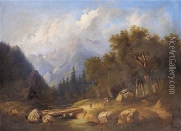 Wanderer In Gebirgslandschaft Oil Painting - Eduard Boehm