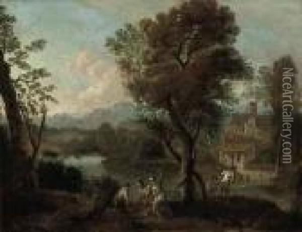 An Italianate River Landscape With Peasants Beside A Tree, A Fortified City Beyond Oil Painting - Gaspard Dughet Poussin