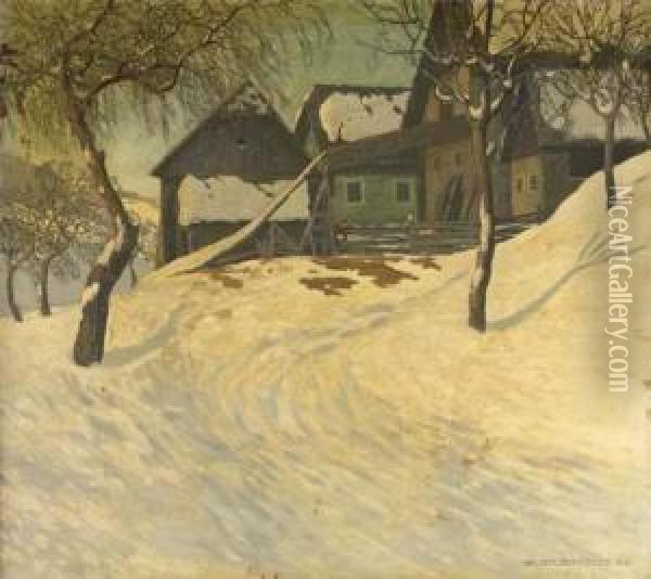 Alpine Farmhouses In Winter Oil Painting - Walter Stoitzner