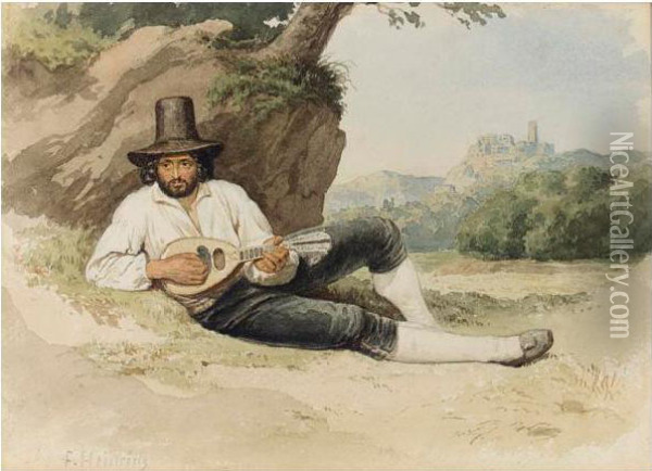 Joueur De Mandoline Dans La Campagne Romaine Oil Painting - Heinrich Franz