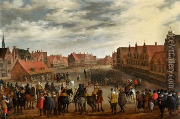 Die Entlassung Der Soldner Durch Moritz Von Oranien Auf Dem Neude In Utrecht Am 31. Juli 1618 Oil Painting - Joost Cornelisz. Droochsloot