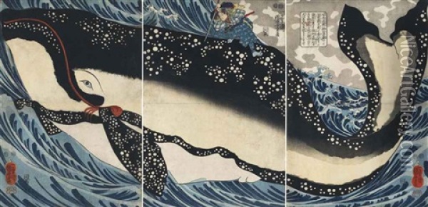 Miyamoto No Musashi Attacking The Giant Whale (triptych) Oil Painting - Utagawa Kuniyoshi