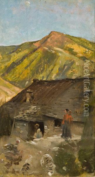 Paesaggio Montuoso Con Cascinale E Figure Oil Painting - Cesare Ciani