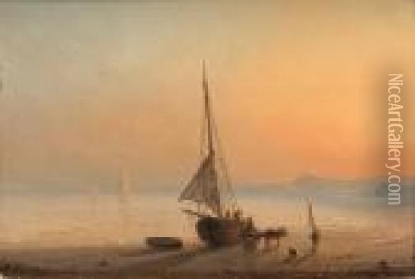 Beached Fishing Boat, Sunset; Shrimping Oil Painting - Herminie Gudin
