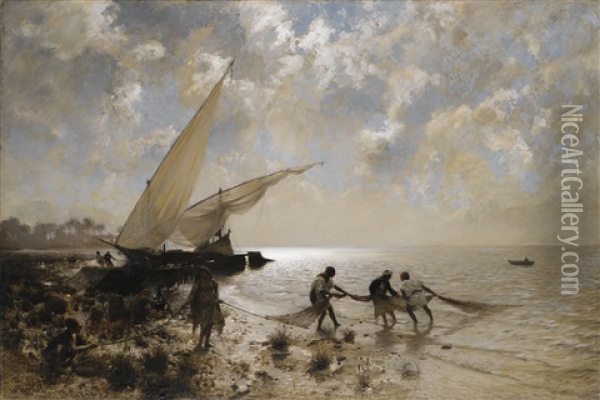 Fishermen On Lake Mariout, Egypt Oil Painting - Adolf von Meckel