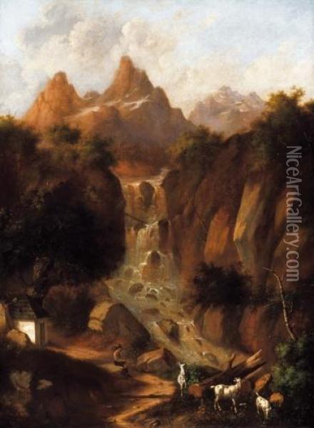 Romantic Landscape With A Shepherd Oil Painting - Jozsef Khoor