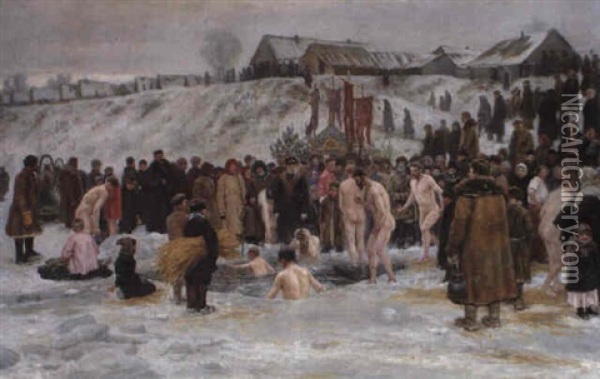 Bathing After The Blessing Of The Waters On The Sixth January, Feast Of The Epiphany Oil Painting - Nikolai Karlovich Grandkovsky