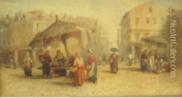 Figures In Acontinental Town Market, Signed Oil Painting - Louis Tesson