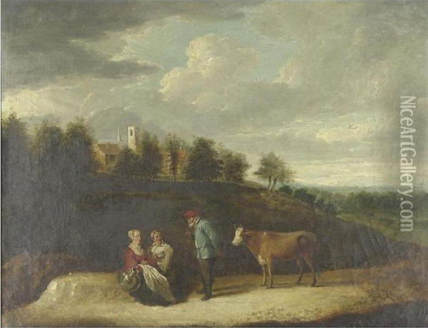 A Farmer With His Cow And Two 
Peasant Women On A Country Path With A Church And Village Beyond Oil Painting - David The Younger Teniers