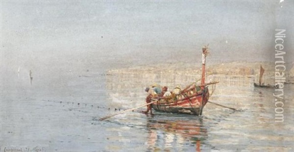 Fischer Beim Einholen Der Netze In Der Bucht Von Neapel Oil Painting - Alceste Campriani