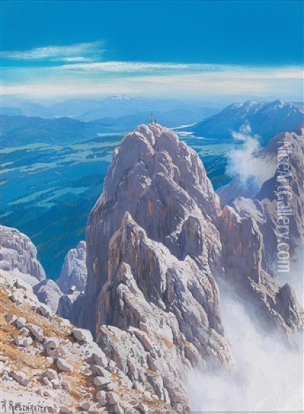 View Of The Dreitorspitze In The Wetterstein With The Panorama Of Walchensee And The Benediktenwand Through To The Isartal Oil Painting - Rudolf (Robert) Reschreiter