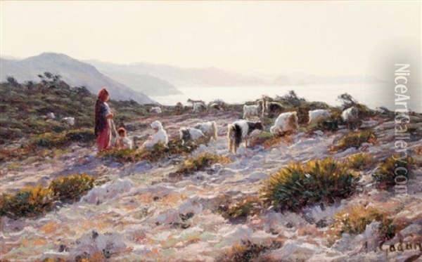 Les Chevriers Sur La Falaise Du Cap De Garde A Bone (annaba) Oil Painting - Antoine Gadan