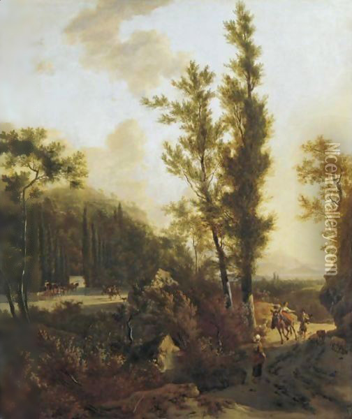 An Italianate Landscape With Peasants On A Road In The Foreground, Mounted Figures Entering The Forecourt To A Villa On The Left Oil Painting - Frederick De Moucheron