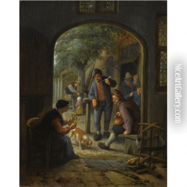 A Spinner Conversing With Two Smoking And Drinking Peasants At The Court-yard Of An Inn, Figures And Children In The Background Oil Painting - Adriaen Jansz van Ostade