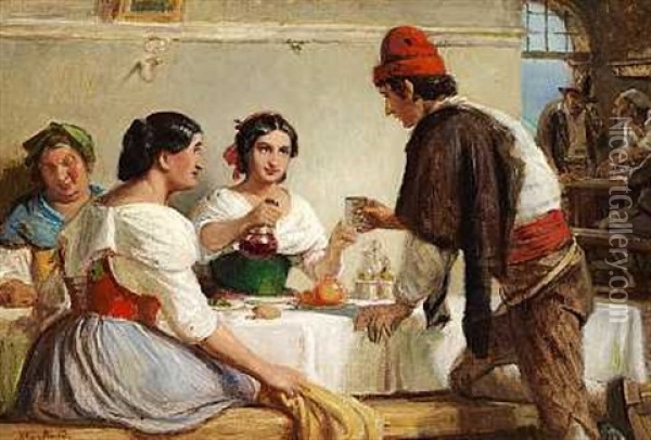 Piger, Der Skaenker Vin For En Ung Mand (sketch) Oil Painting - Wilhelm Nicolai Marstrand