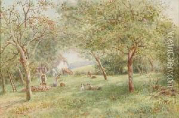 Family With Child And Dog In Cider Orchard, South Devon Oil Painting - James Georges Bingley