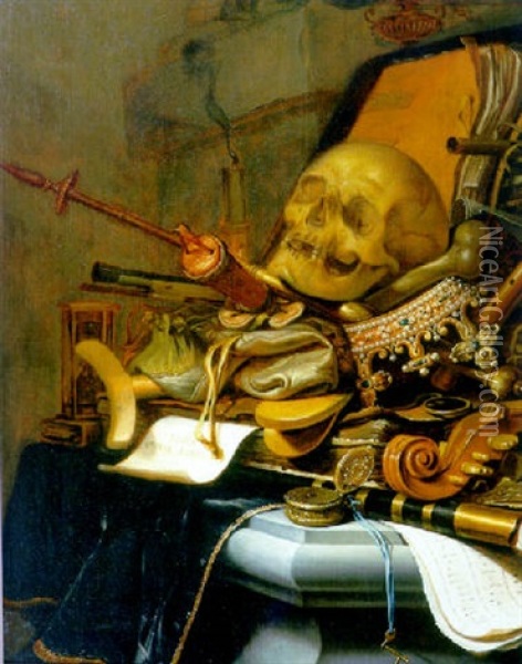 A Vanitas - A Skull On An Upturned Crown, An Hourglass, Musical Instruments And Weapons On A Partly Draped Stone Ledge Oil Painting - Jan (Johannes) ver Meulen