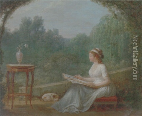 A Lady Drawing A Vase Of Flowers, A Wooded Landscape Beyond Oil Painting - Jean-Baptiste Mallet