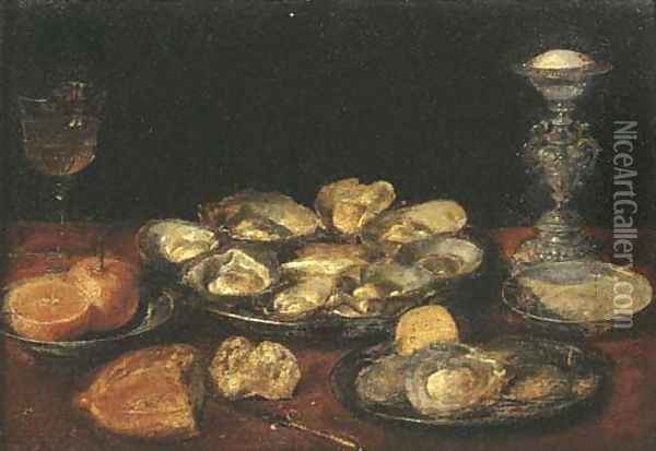 Oysters, a lemon and oranges on pewter plates with a facon-de Venise wineglass Oil Painting - Jacob Fopsen van Es