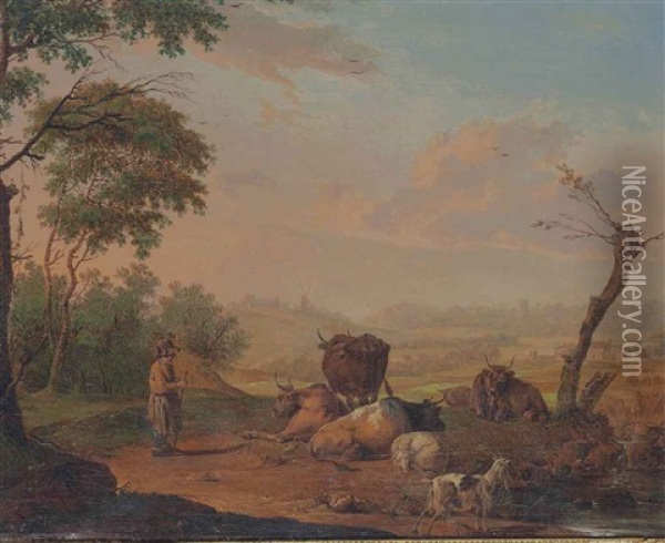 A Young Herdsman Watering His Cattle And Goats, A Village And Windmill Beyond Oil Painting - Nicholas Henri Joseph Fassin