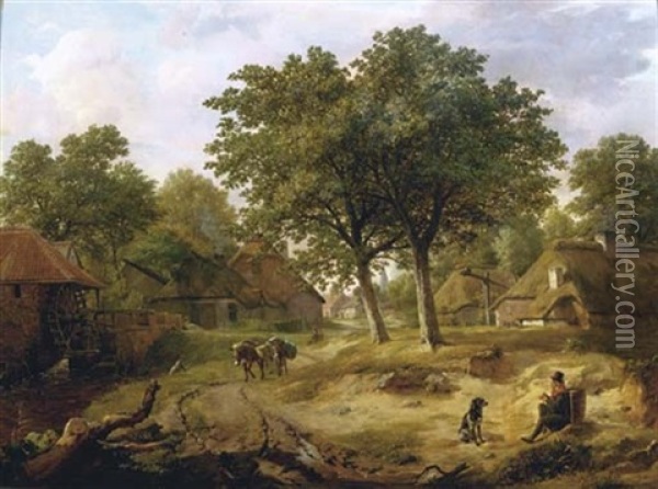 A Traveller On The Outskirts Of A Rural Village By A Watermill Oil Painting - Pieter Gerardus Van Os