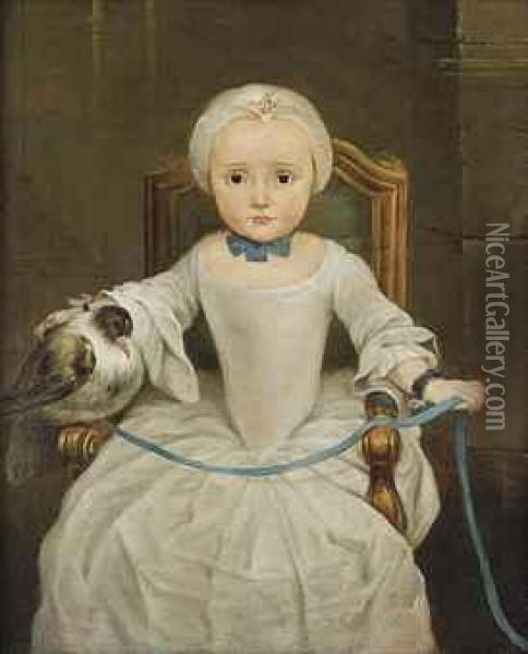 Portrait Of A Young Girl Seated, Three-quarter-length, Wearing Awhite Dress And A Bonnet, A Tame Bird Resting On The Arm Of Herchair, Tied With A Blue Ribbon Oil Painting - Christian Linder