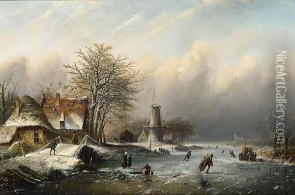 Winter Landscape With Figures On The Ice Oil Painting - Jan Jacob Coenraad Spohler