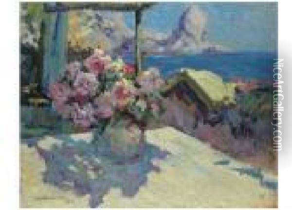 Blumenvase Am Fenster Mit Seeblick Oil Painting - Konstantin Alexeievitch Korovin
