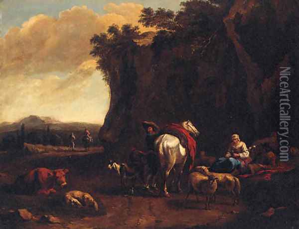 A rocky landscape with drovers resting by a track Oil Painting - Dirk van Bergen