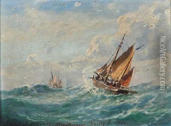 Seascape With Sailing Ships In High Waves Oil Painting - Holger Henrik Herholdt Drachmann