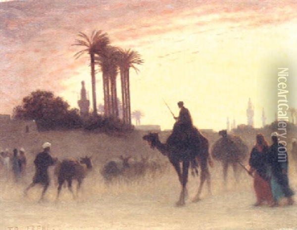 Arabs Herding Cattle Before A Town Oil Painting - Charles Theodore (Frere Bey) Frere