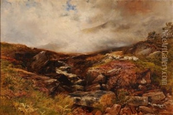 Moorland With Rocky Stream In The Foreground And A Shepherd On A Pony In The Distance Oil Painting - Edmund Morison Wimperis