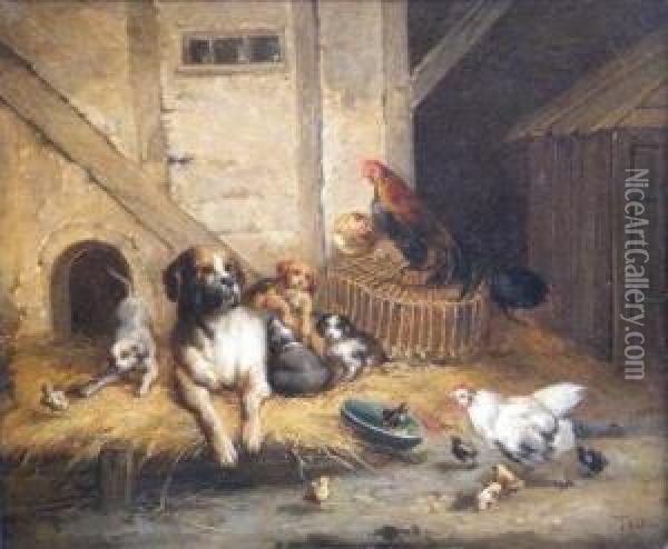 Farmyard Friends. Oil Painting - Jean Maurice Thibon
