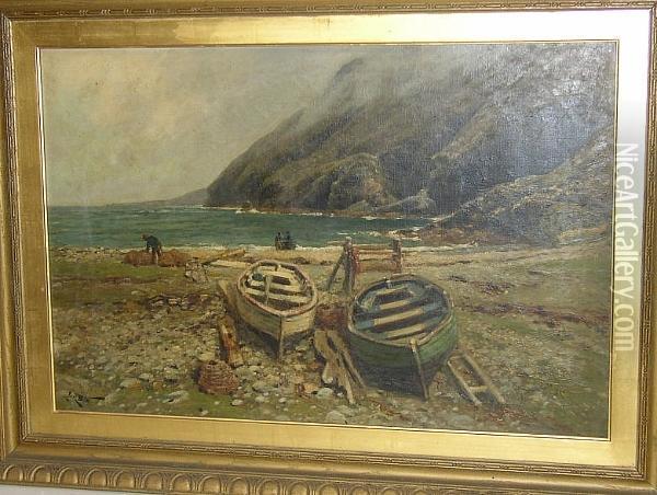 Moored Boats Before A Headland Oil Painting - Arthur Walker Redgate
