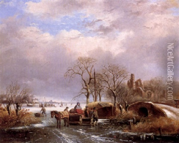 Figures With A Horse And Sled On A Frozen River Oil Painting - Johannes Gijsbertus van Ravenswaay