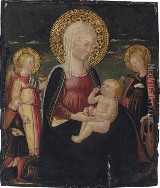 The Madonna Dell'umilta With Saint Catherine Of Alexandria And Tobias And The Angel Oil Painting - Bicci Di Neri