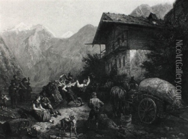 Tiroler Bauern Beim Tanz Am Ufer Des Gebirgssees Oil Painting - Johann Baptiste Heinefetter