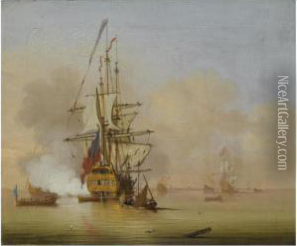 A Small English Man-o' War Firing A Salute With Small Boatsnearby Oil Painting - Cornelis van de Velde