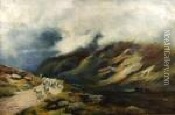 Highland Valley Scene With A Shepherd And Flock Of Sheepon Track To Foreground Oil Painting - Peter Graham