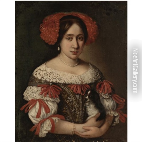 Portrait Of A Lady Wearing An Elaborately Embroidered Dress With Red Ribbons And A Red Ribboned Headdress And Holding A Dog Oil Painting - Pier Francesco Cittadini