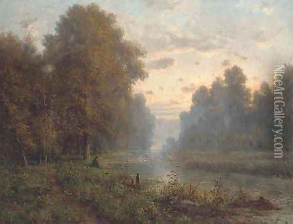 Angling at dusk Oil Painting - Charles-Felix-Edouard Deshayes