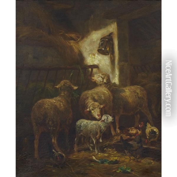 Sheep And Poultry In A Stable Oil Painting - Charles Emile Jacque