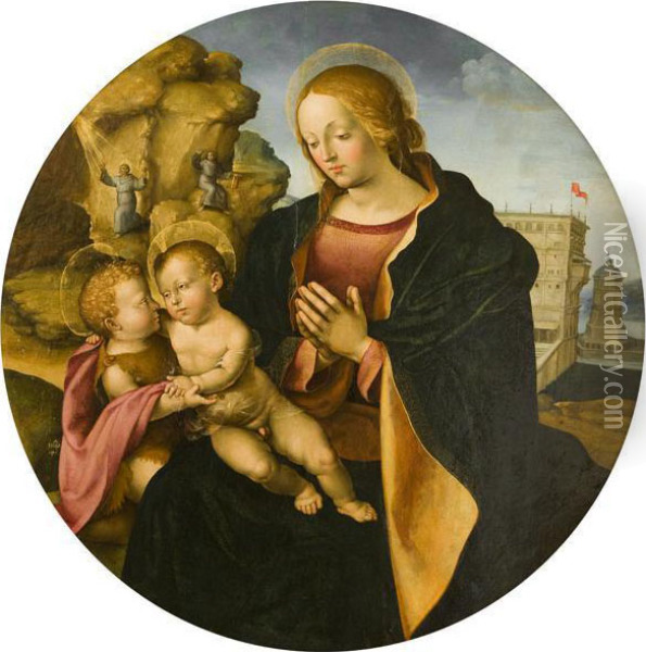 Madonna Col Bambino E San Giovannino; Stimmate Di San Francesco. Oil Painting - Girolamo Del Pacchia