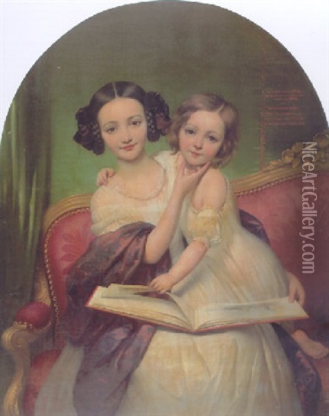 Portrait De Marguerite Louisa Cibiel Et De Marie Aglaure Cibiel Assises Sur Un Sofa, Feuilletant Un Livre Oil Painting - Joseph Desire Court