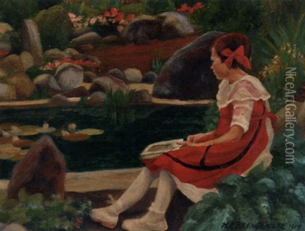 A Young Girl Seated By A Pond Oil Painting - Hans Andersen Brendekilde