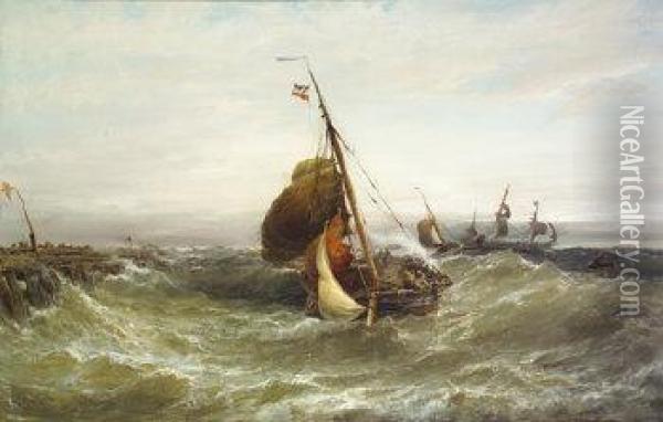 Dutch Boats Returning From Sea, Katwyke Beach, Holland Oil Painting - Edwin Hayes