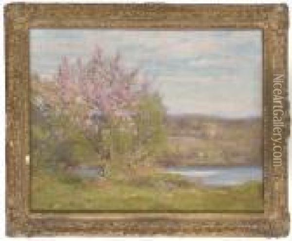 Trees In Blossom On A River Bank Oil Painting - Augustus William Enness