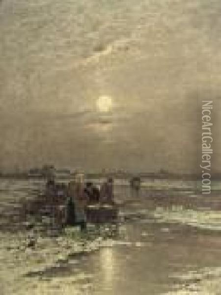 Wintrylandscape At Evening Light With Fishermen Oil Painting - Johann Jungblutt