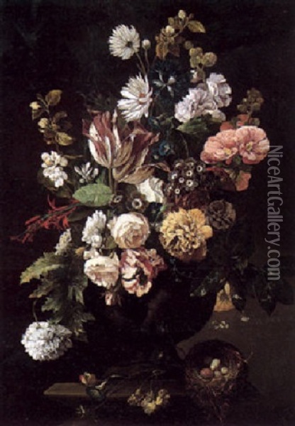 Still Life Of Various Flowers In A Sculpted Vase, With A Bird's Nest, All On A Ledge Oil Painting - Jan Van Huysum