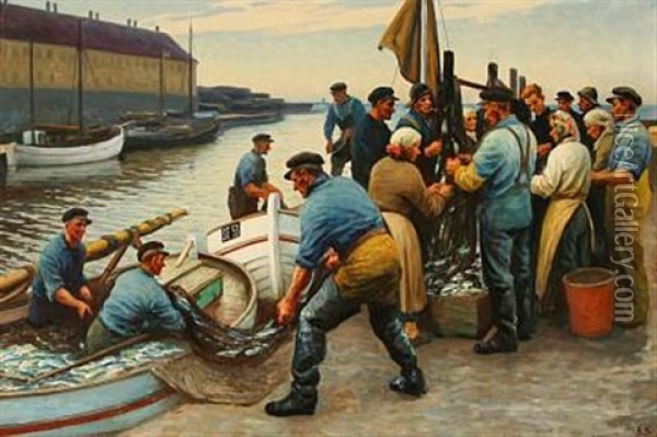 Harbour Scene From Christianso Island With Fishermen On The Quay Oil Painting - Emil Axel Krause